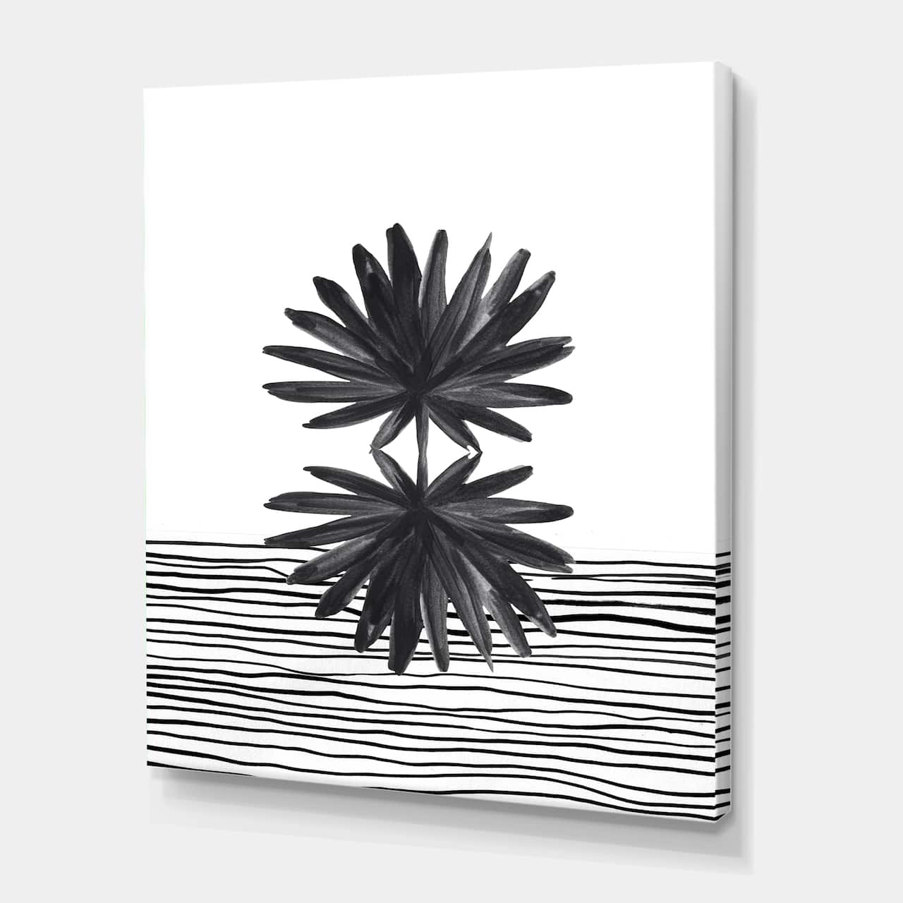 Designart - Black and White Tropical Leaf On Striped II - Modern Canvas Wall Art Print